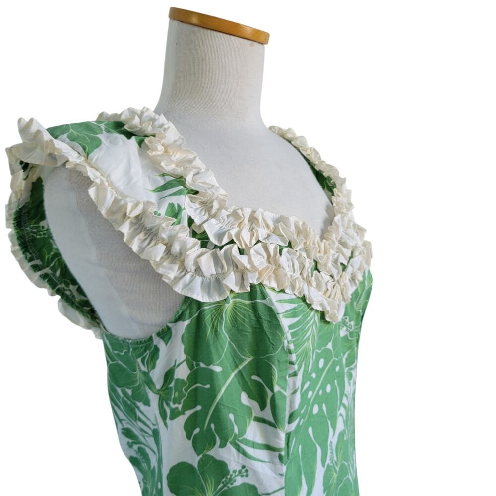 Royal Creations Green Nahenahe Ruffle Muumuu Maxi Monstera Dress Luau Resort XL - Picture 4 of 9